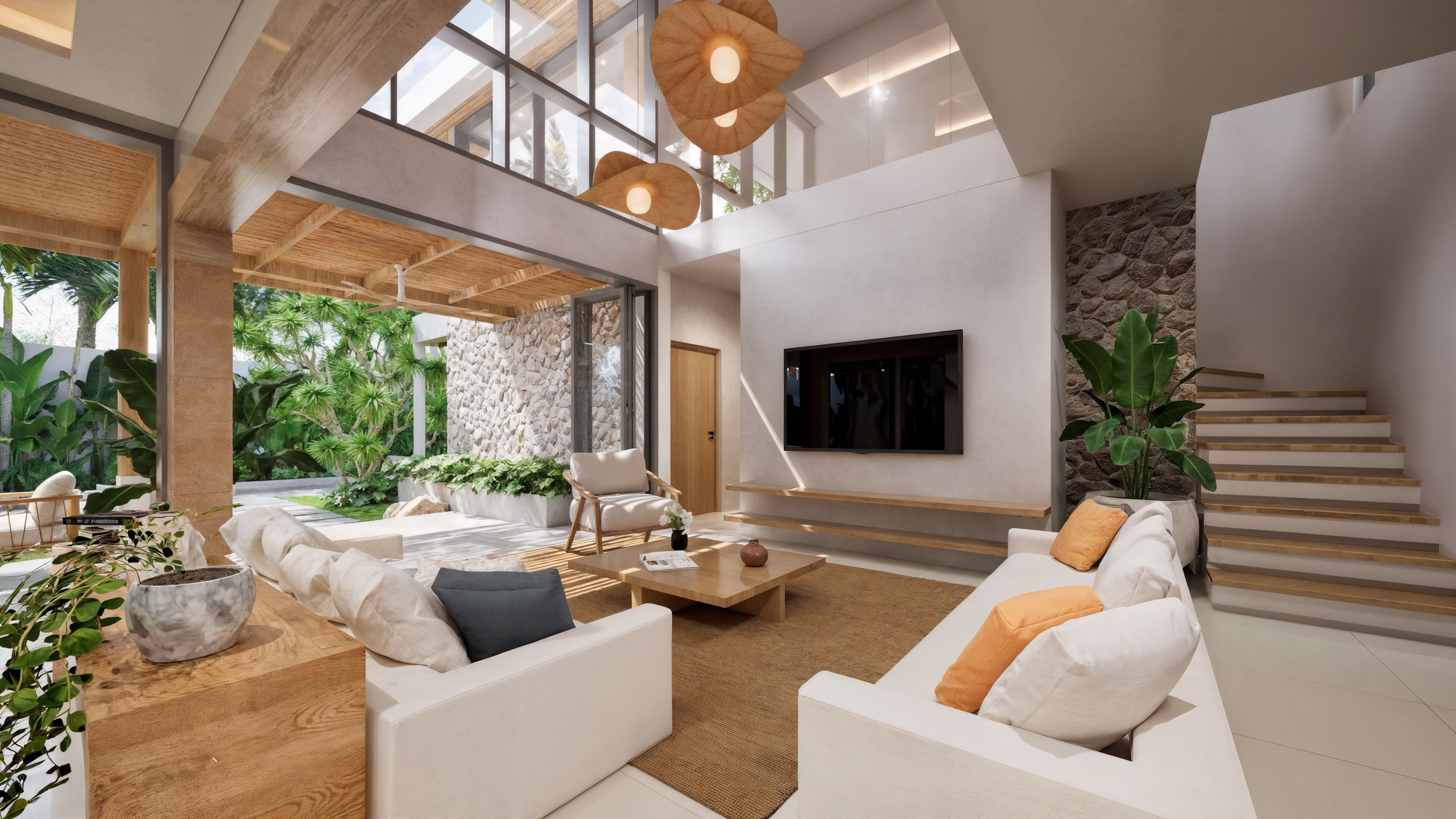 Living room with mezzanine staircase